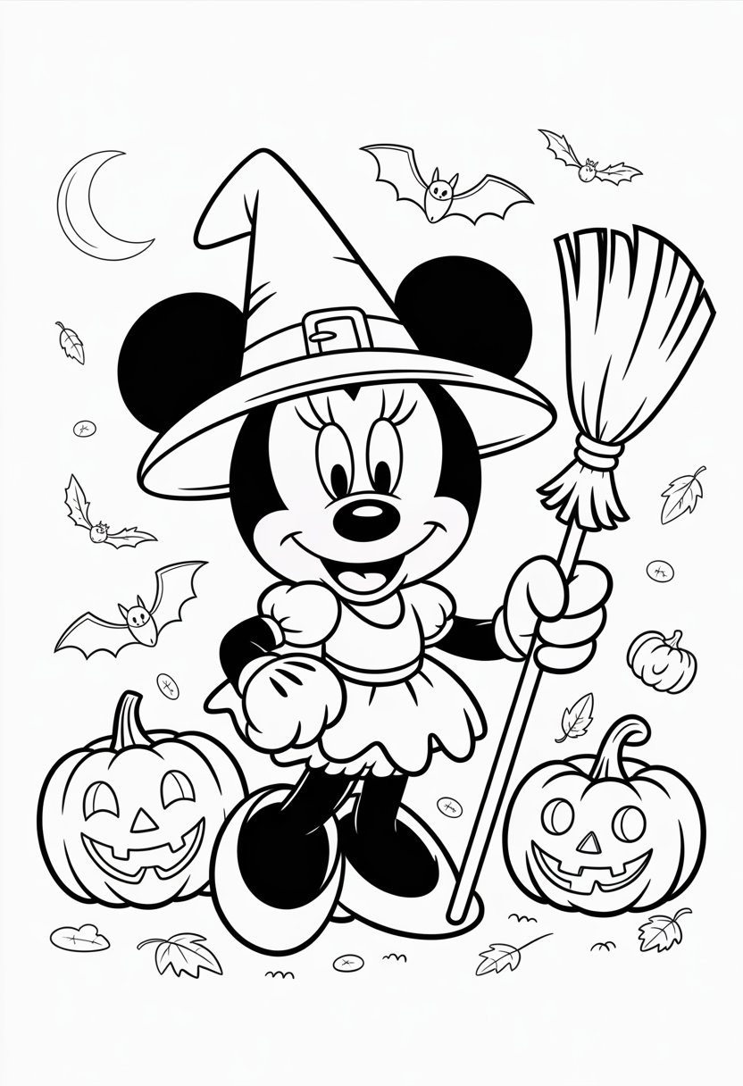 Halloween Coloring Pages Disney Featuring 20 Fun and Spooky Characters 22 Minnie Mouse dressed as a witch holding a broomstick, surrounded by pumpkins, bats, a crescent moon, and autumn leaves.