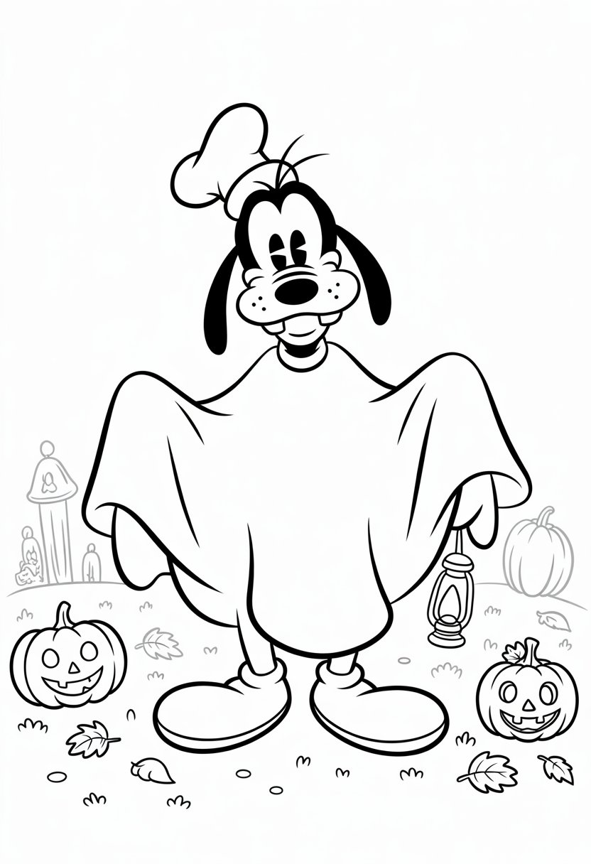 Halloween Coloring Pages Disney Featuring 20 Fun and Spooky Characters 24 Goofy floating as a friendly ghost surrounded by pumpkins, lanterns, and autumn leaves in a Halloween scene.