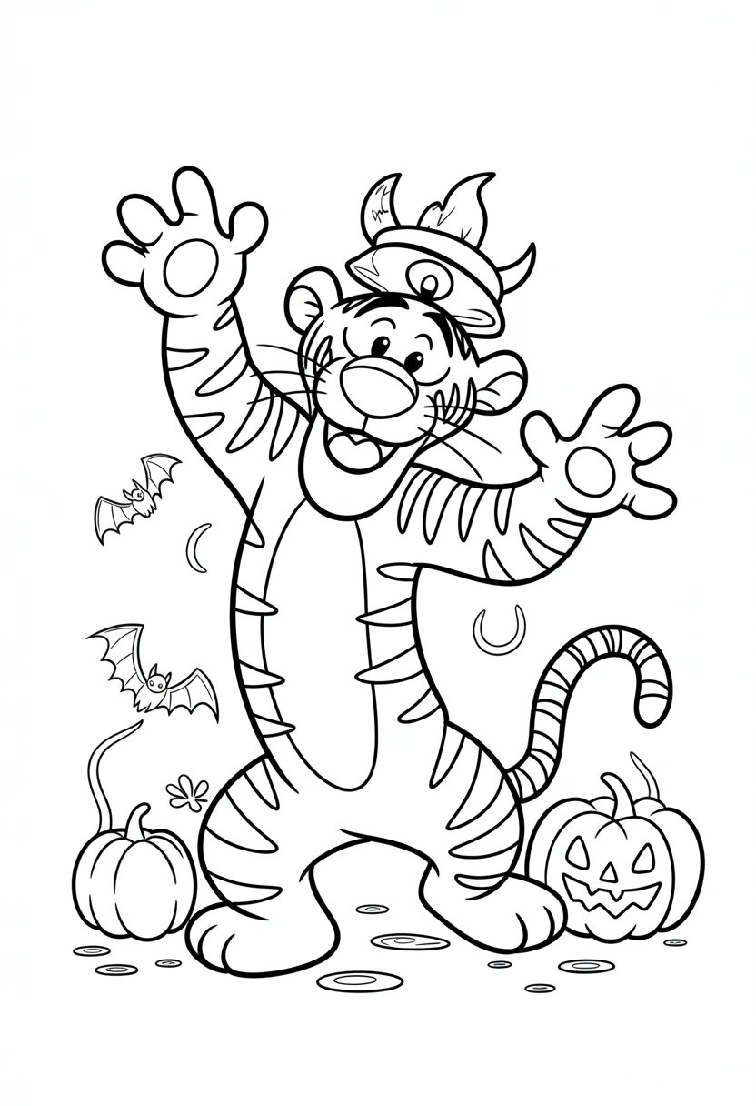 Halloween Coloring Pages Disney Featuring 20 Fun and Spooky Characters 26 Tigger dressed in a colorful monster costume for Halloween, surrounded by pumpkins and bats.