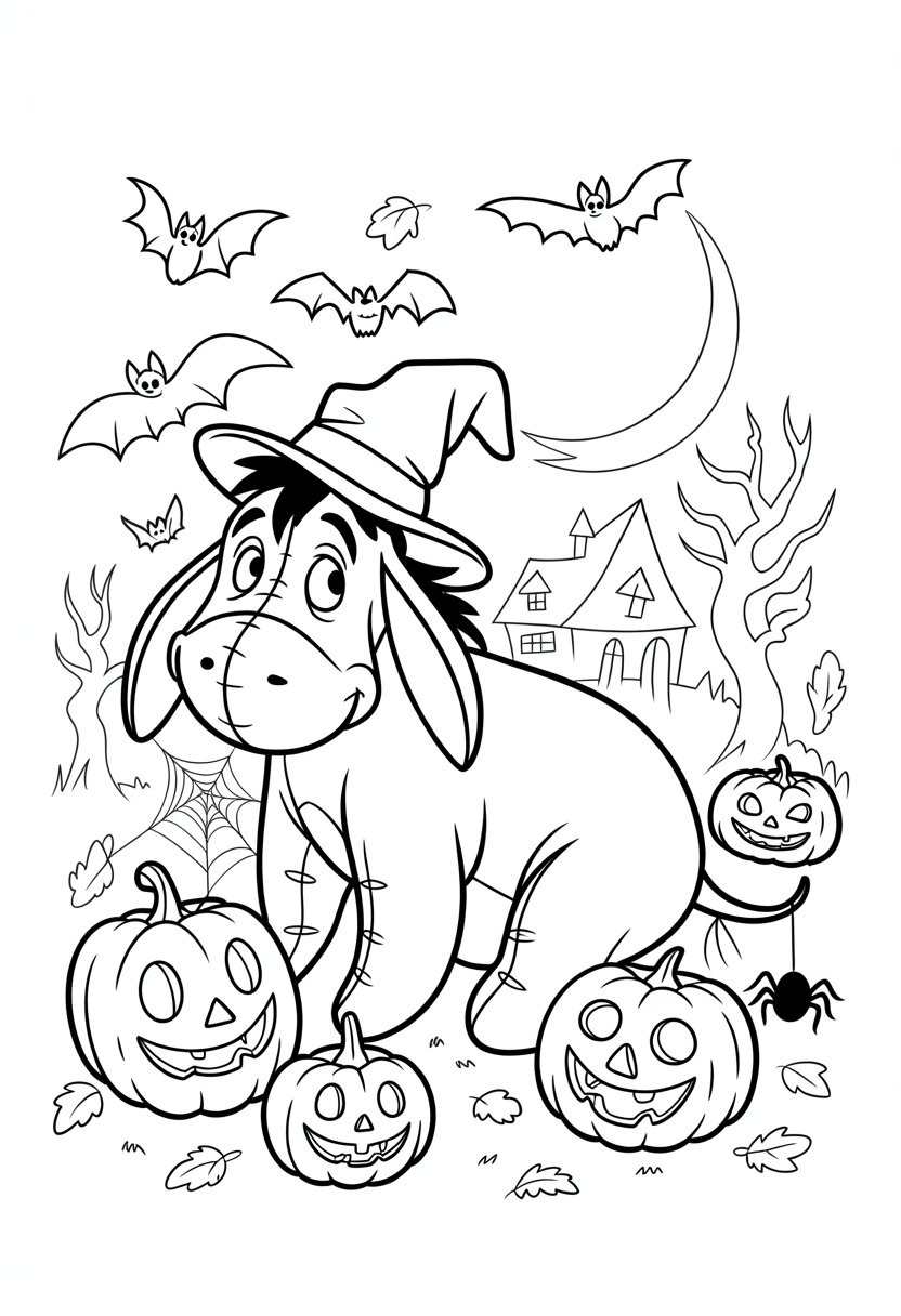 Halloween Coloring Pages Disney Featuring 20 Fun and Spooky Characters 27 Eeyore wearing a witch hat and cape surrounded by pumpkins, bats, cobwebs, and a haunted house in a Halloween scene.