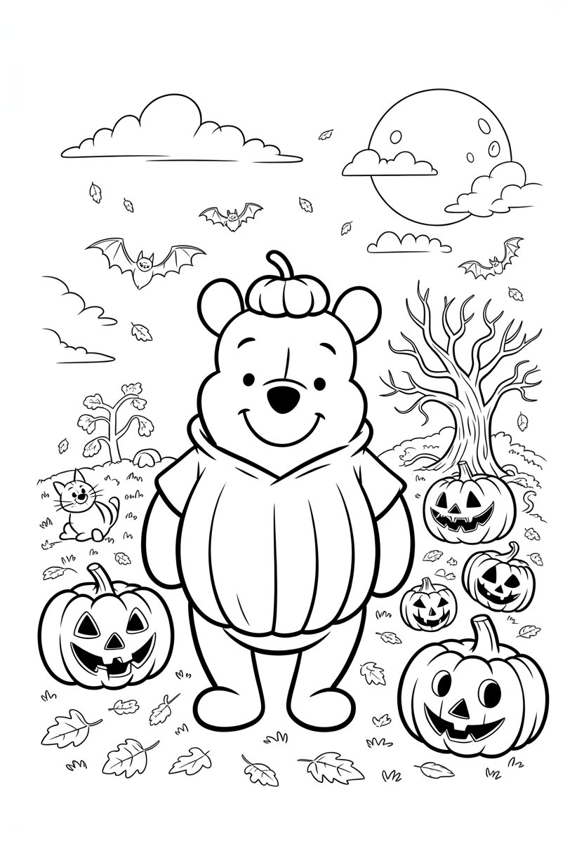 Halloween Coloring Pages Disney Featuring 20 Fun and Spooky Characters 28 Winnie the Pooh dressed in a pumpkin costume standing in an autumn forest with jack-o'-lanterns, bats, a full moon, fall leaves, a black cat, and a spooky tree nearby.