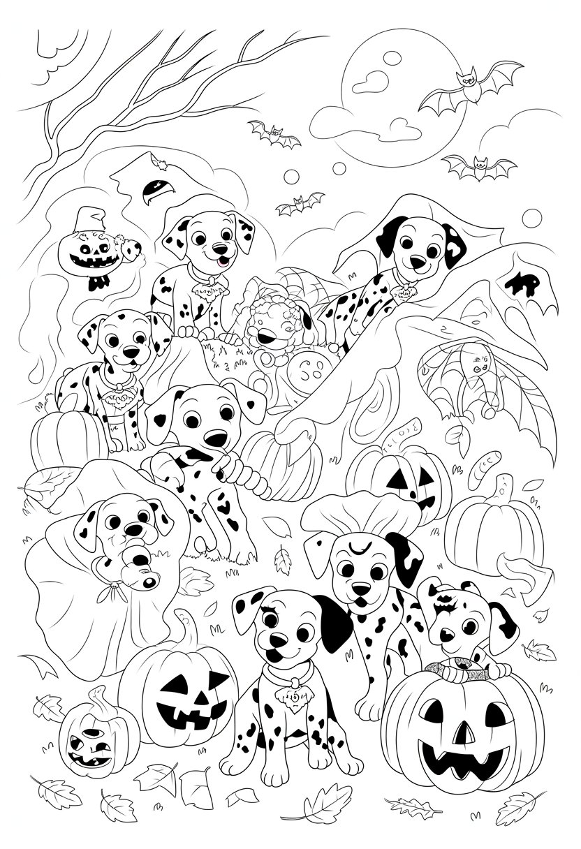 Halloween Coloring Pages Disney Featuring 20 Fun and Spooky Characters 29 A group of Dalmatian puppies dressed in Halloween costumes playing outdoors with pumpkins, bats, cobwebs, and autumn leaves under a full moon.