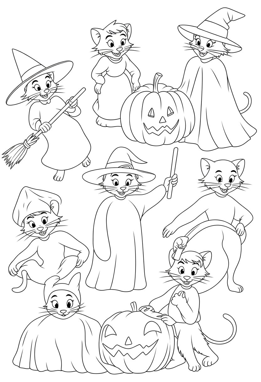 Halloween Coloring Pages Disney Featuring 20 Fun and Spooky Characters 30 Marie from The Aristocats wearing various Halloween costumes including a witch, pumpkin, ghost, and black cat, standing in a simple background.