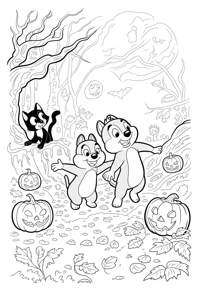 Halloween Coloring Pages Disney Featuring 20 Fun and Spooky Characters 31 Chip and Dale in a haunted forest with jack-o'-lanterns, bats, a black cat, and a full moon in the sky.