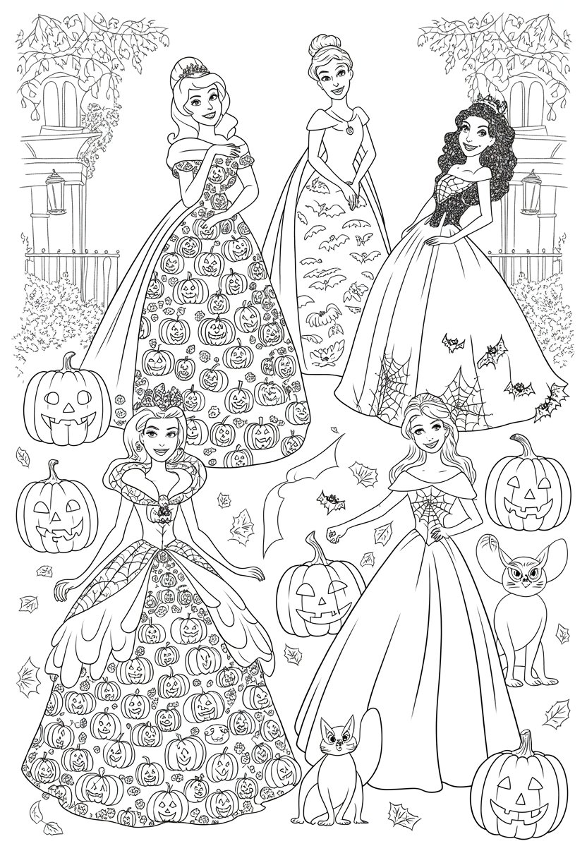 Halloween Coloring Pages Disney Featuring 20 Fun and Spooky Characters 33 A group of princesses wearing Halloween-themed dresses standing together in a castle courtyard decorated with pumpkins and lanterns.