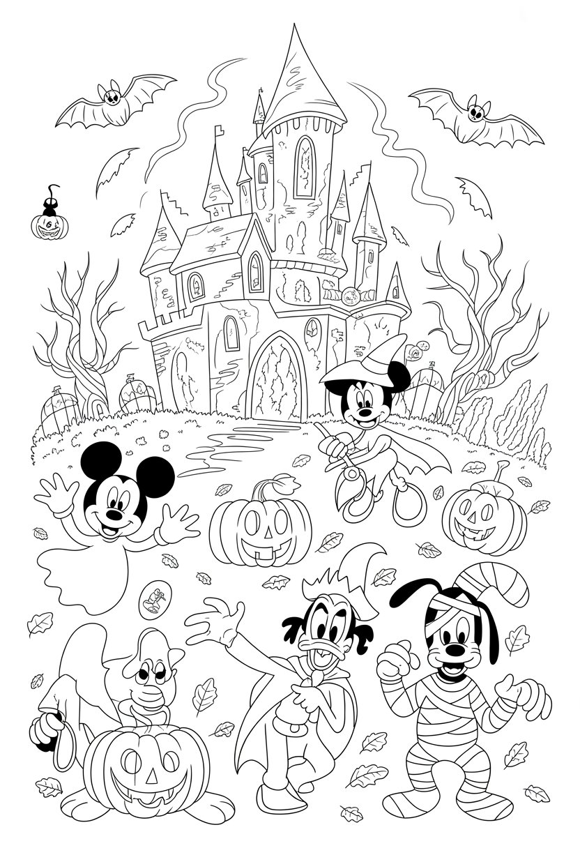 Halloween Coloring Pages Disney Featuring 20 Fun and Spooky Characters 34 A haunted castle surrounded by twisted trees and mist with Disney characters dressed in Halloween costumes including Mickey Mouse as a ghost, Minnie Mouse as a witch, Donald Duck as a vampire, Goofy as a mummy, and Pluto wearing a pumpkin hat.