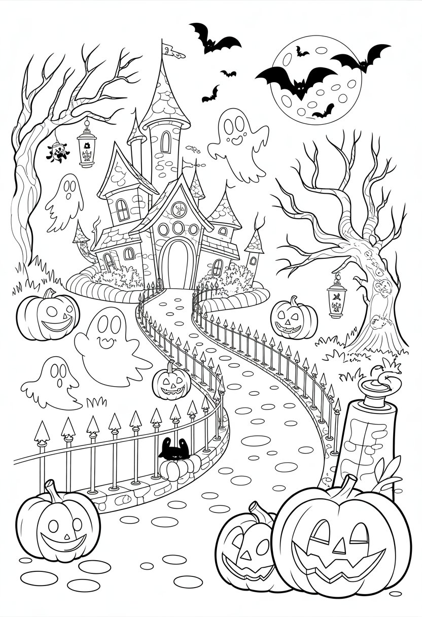 Halloween Coloring Pages Disney Featuring 20 Fun and Spooky Characters 35 A spooky Halloween landscape featuring a haunted castle, leafless trees, floating ghosts, carved pumpkins, a cobblestone path, iron fences, bats in the night sky, and a black cat on a fence post.