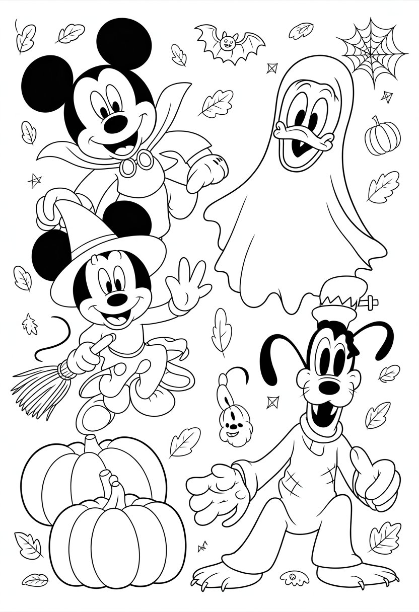 Halloween Coloring Pages Disney Featuring 20 Fun and Spooky Characters 36 Classic Disney characters dressed in Halloween costumes surrounded by pumpkins, bats, spider webs, and autumn leaves.