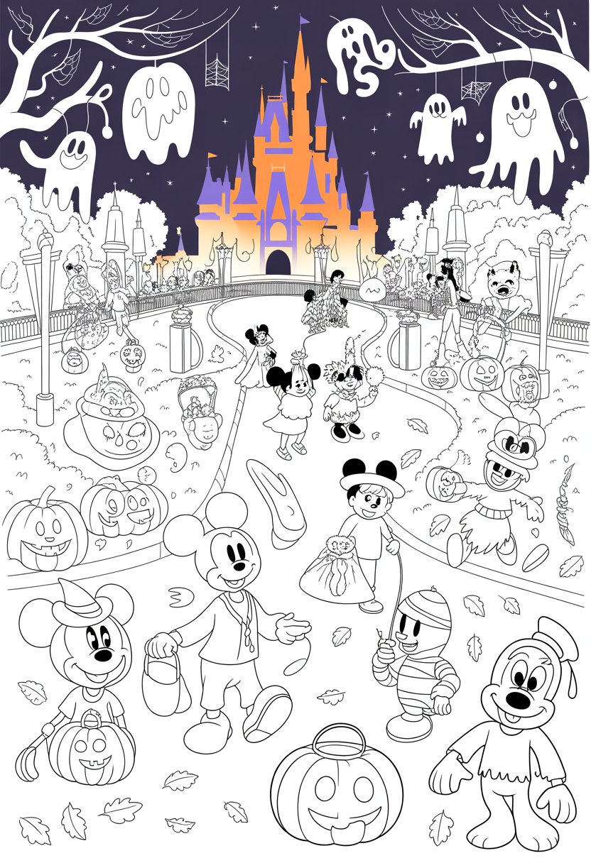 Halloween Coloring Pages Disney Featuring 20 Fun and Spooky Characters 37 A Halloween night scene at a Disney park with the castle in the background, decorated pumpkins, ghosts, and Disney characters dressed in Halloween costumes enjoying the festive atmosphere.