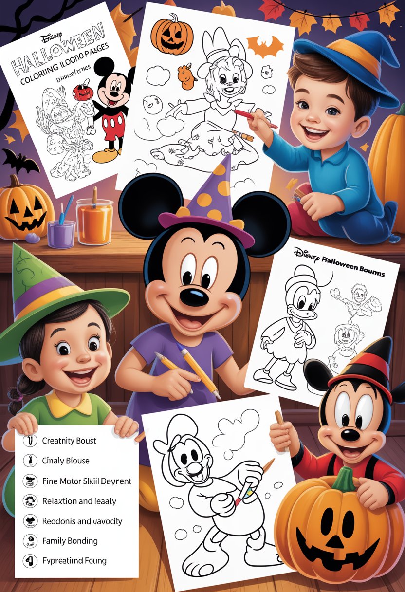 Halloween Coloring Pages Disney Featuring 20 Fun and Spooky Characters 38 Children coloring Halloween-themed Disney character pages in a festive room decorated with pumpkins, bats, and autumn leaves.