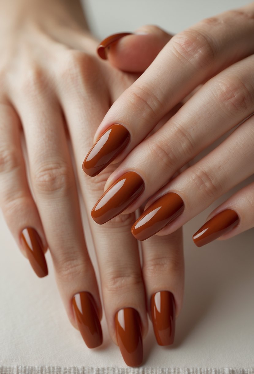 Close-up of both hands with short nails painted in solid rust red color.