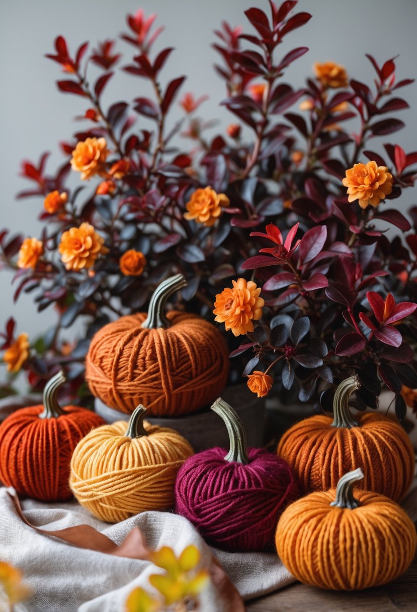 A fall arrangement of small yarn-wrapped pumpkins surrounded by red barberry leaves on a neutral background.