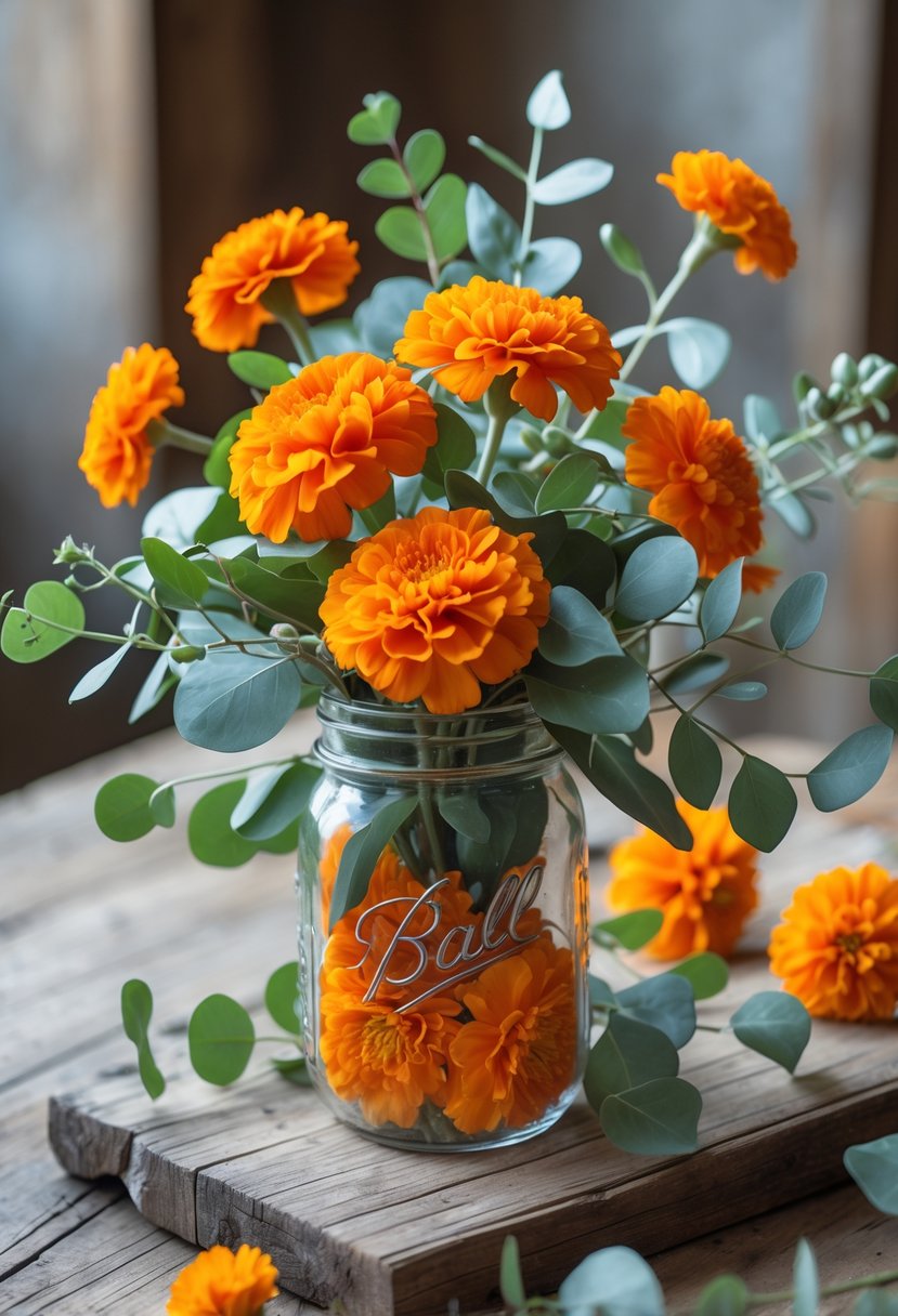 A mason jar filled with orange marigolds and eucalyptus leaves sitting on a wooden surface.