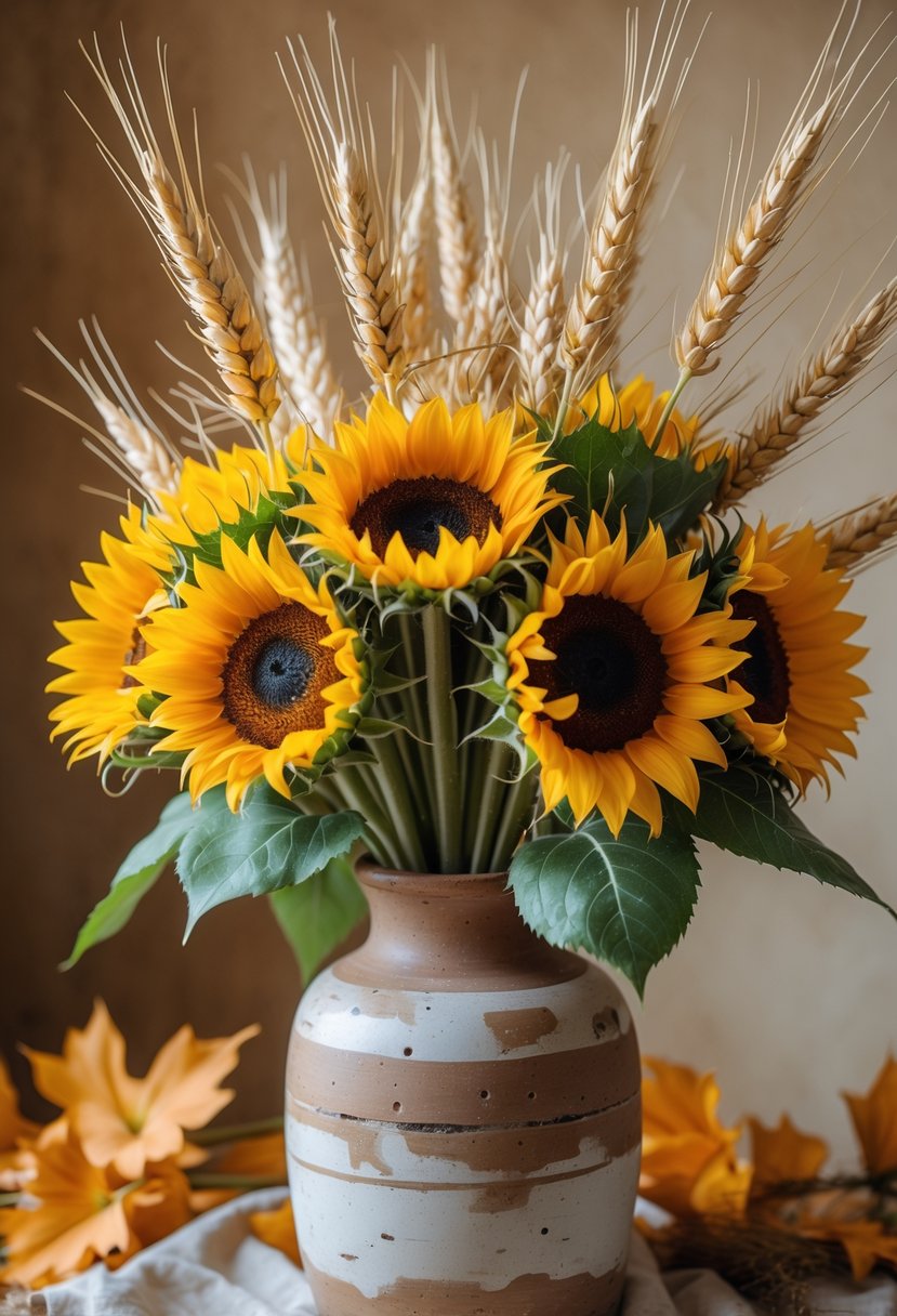 A bundle of sunflowers and wheat stalks arranged in a rustic ceramic vase on a warm background.