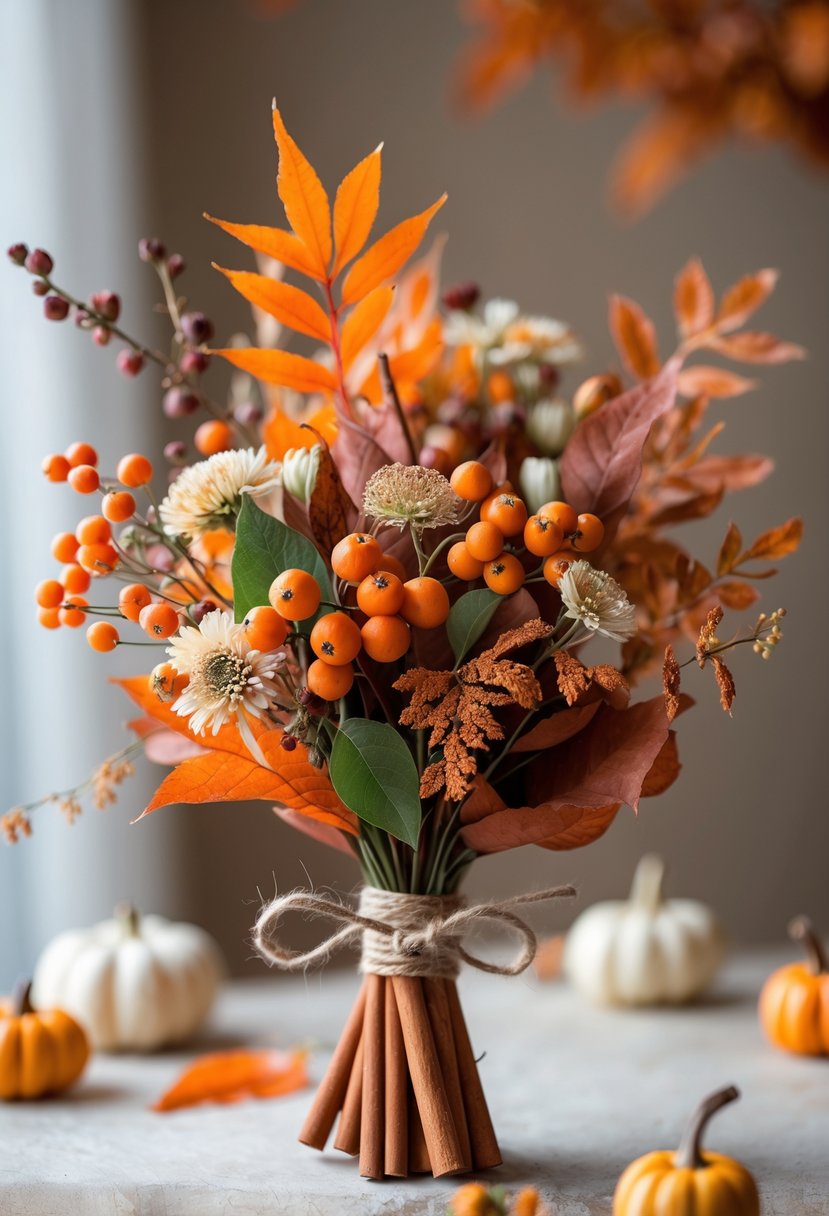 A small bouquet tied with cinnamon sticks containing orange berries, dried leaves, and seasonal flowers.