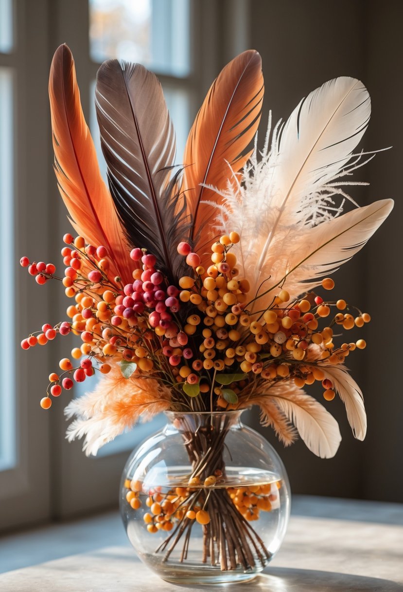 Clear glass vase holding a fall floral arrangement with feathers and clusters of colorful berries.