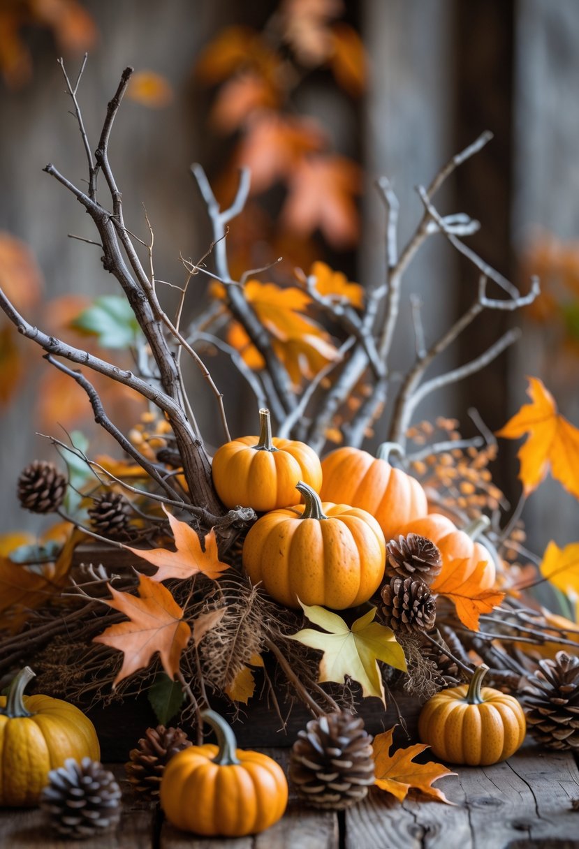 A fall centerpiece with twigs, branches, and small pumpkins arranged on a wooden table surrounded by autumn leaves and pinecones.