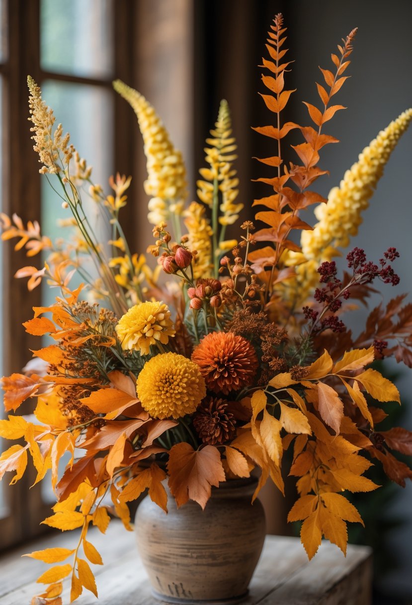A fall floral arrangement with goldenrod flowers and rust-colored leaves in a rustic vase.