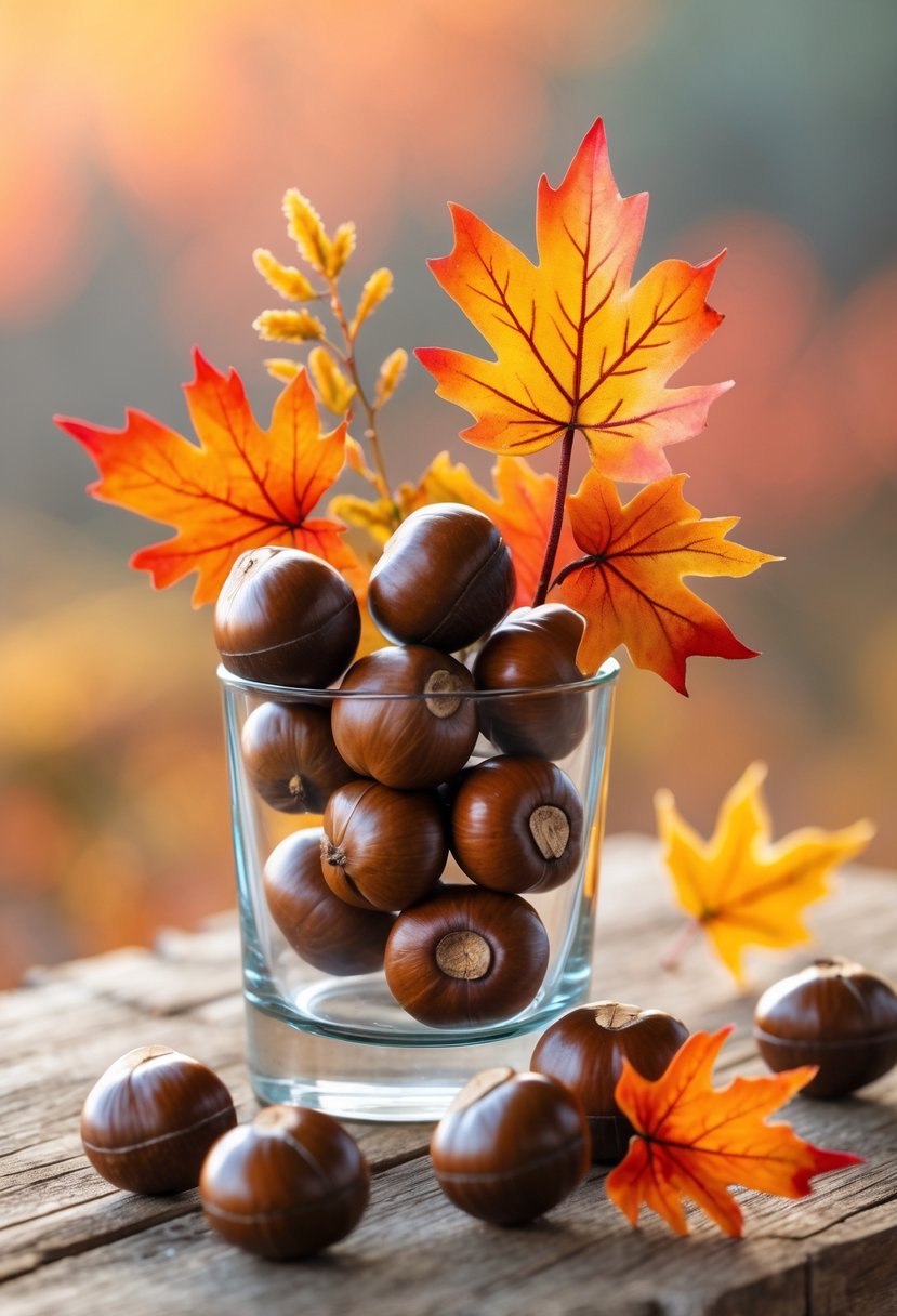 Small clear glass vase containing chestnuts and colorful autumn leaves on a wooden surface.