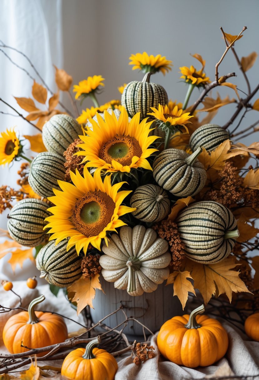 A fall floral arrangement with sunflowers, pumpkin seed pods, dried leaves, and small pumpkins on a neutral background.