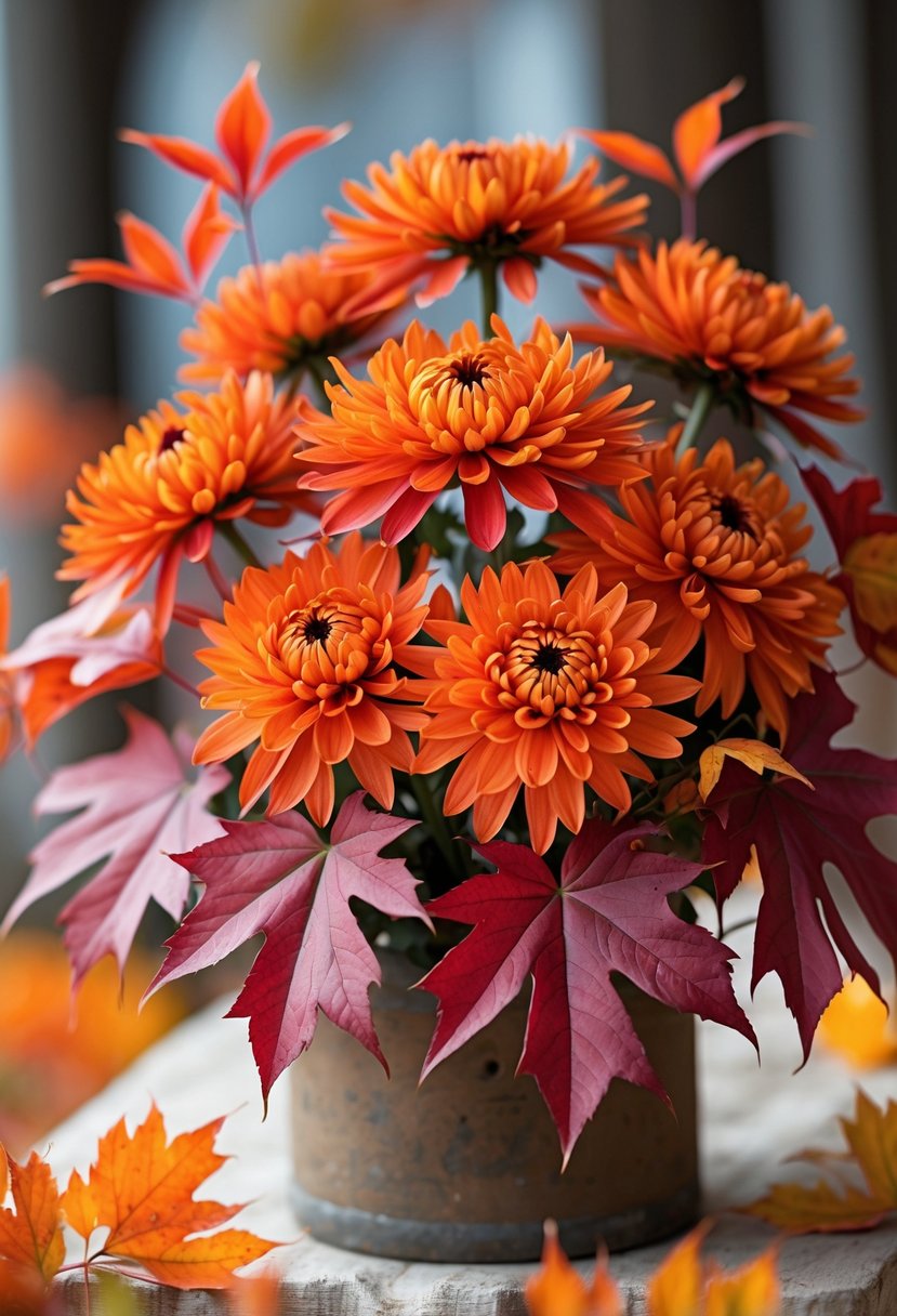 A floral arrangement with orange chrysanthemums and red maple leaves in a rustic container.