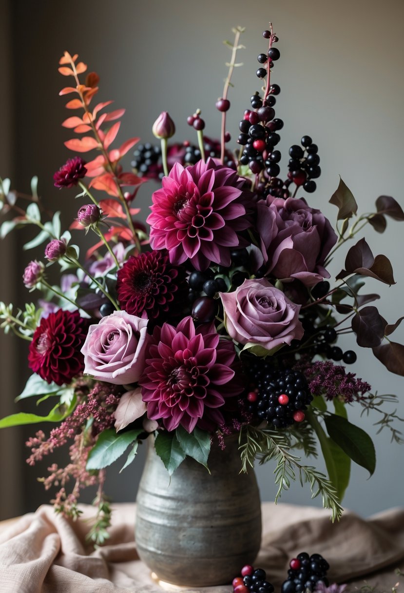 A bouquet of mixed berry and plum-colored flowers with greenery in a vase on a neutral background.