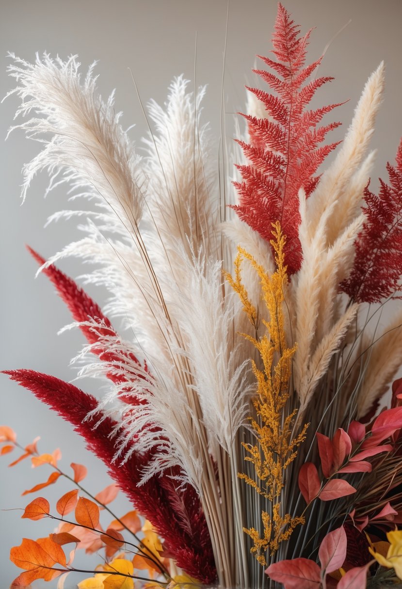 A fall floral arrangement with feathery grasses and red and yellow leaves.