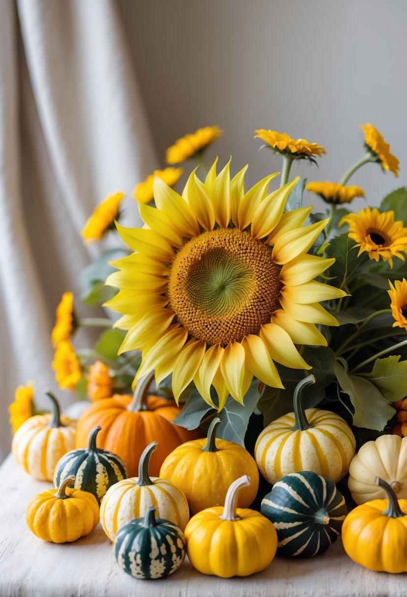 A bright yellow sunflower surrounded by small colorful mini gourds arranged together.