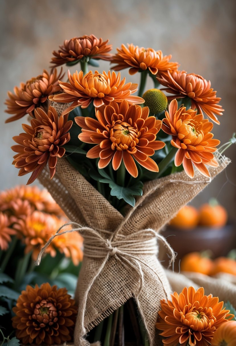 A copper-toned chrysanthemum flower wrapped in burlap fabric tied with twine against a soft blurred background.