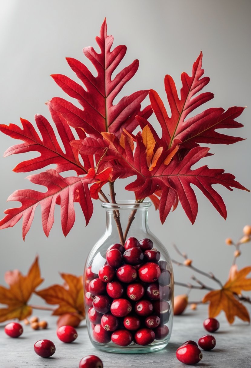 A clear glass bottle filled with red oak leaves and cranberries on a neutral background with scattered autumn leaves nearby.