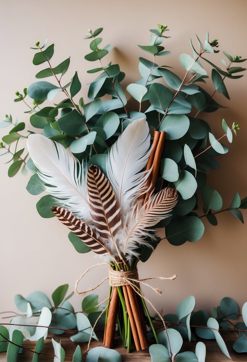 A fall floral arrangement with eucalyptus leaves, feathers, and cinnamon sticks on a warm background.