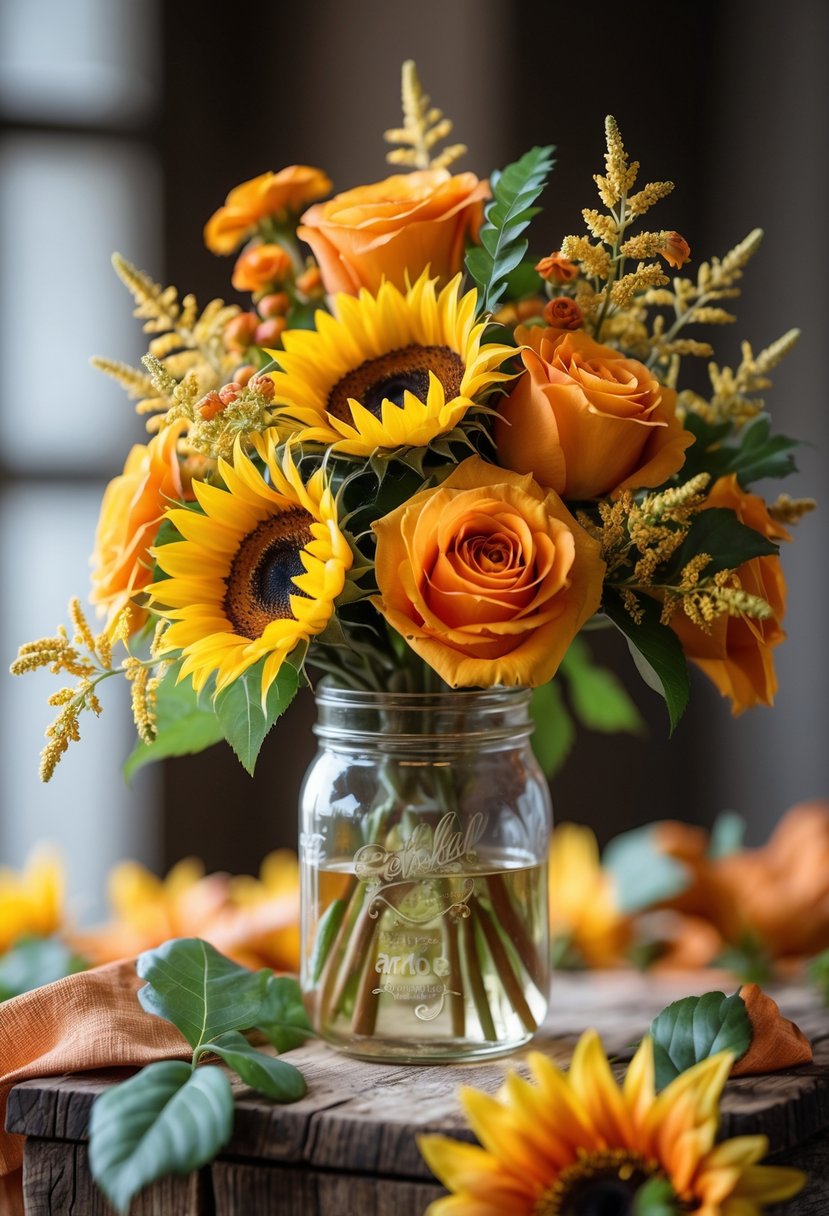 A clear glass jam jar filled with yellow sunflowers and orange roses on a wooden surface.