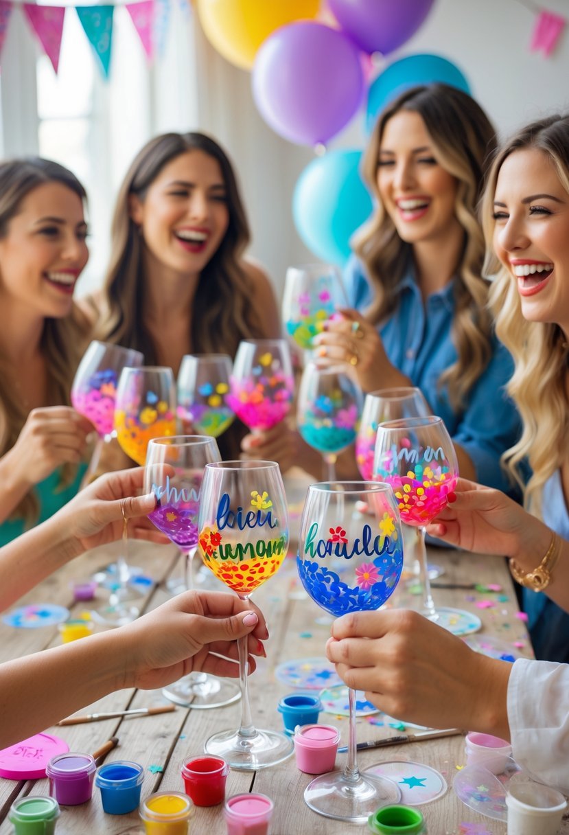 A group of women painting and decorating personalized wine glasses together at a bachelorette party.