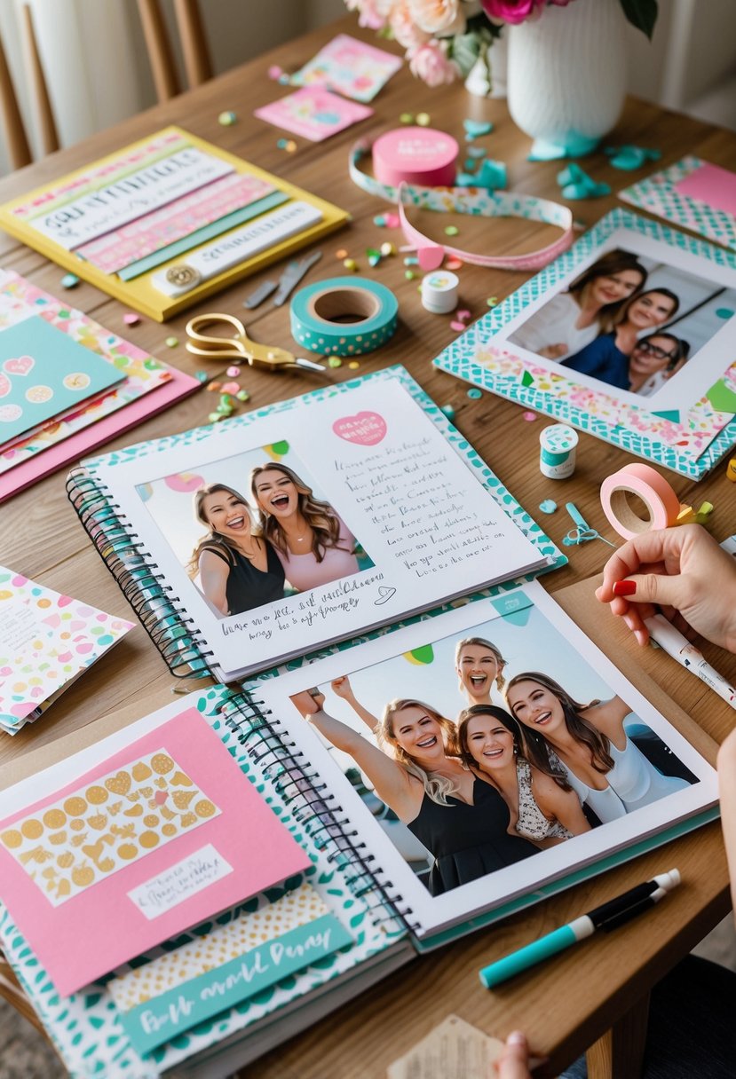 A table with scrapbook pages, photos, and colorful craft supplies arranged for a bachelorette party memory book.