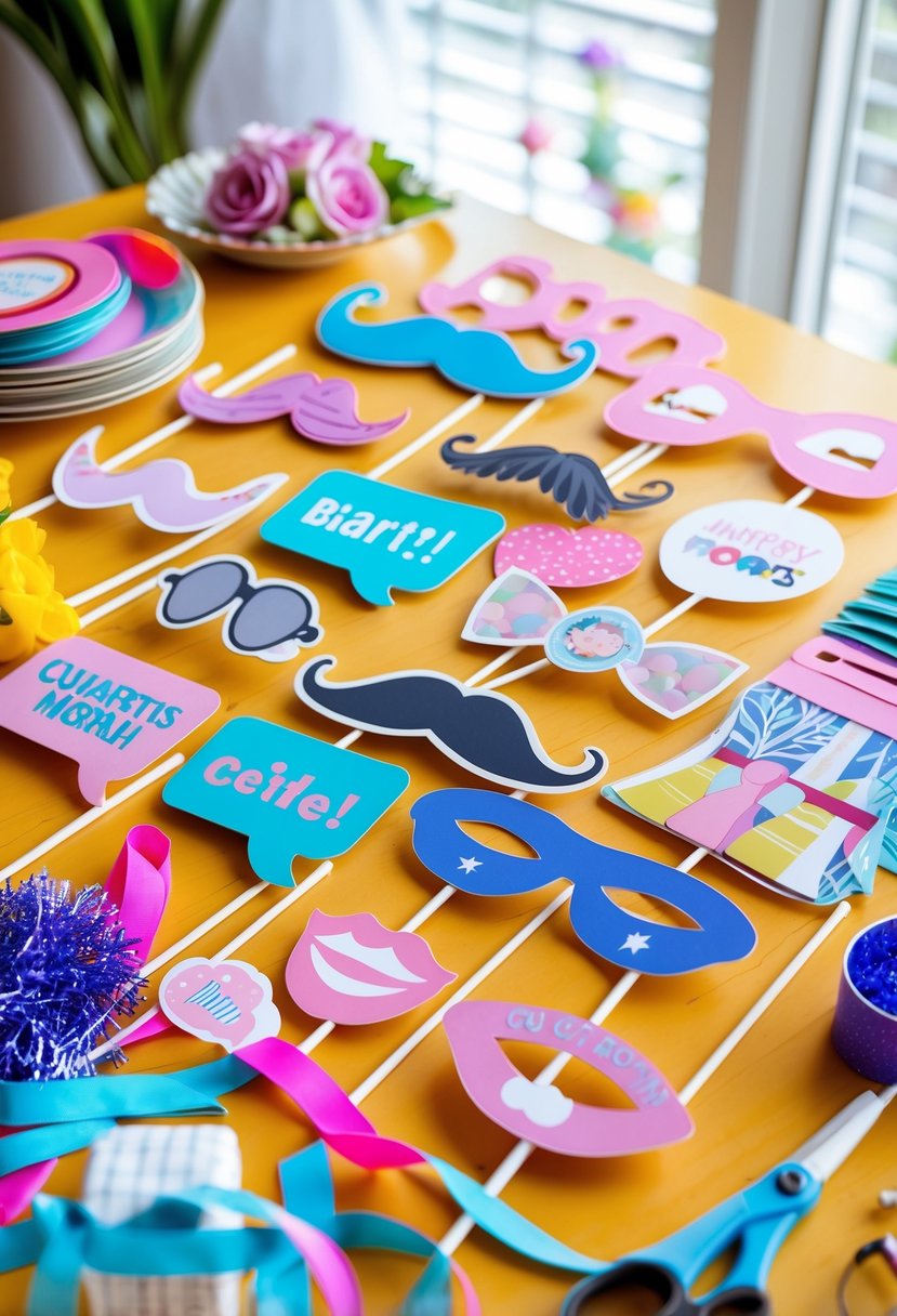 A table filled with colorful bachelorette party photo booth props and crafting supplies arranged neatly for creating fun decorations.