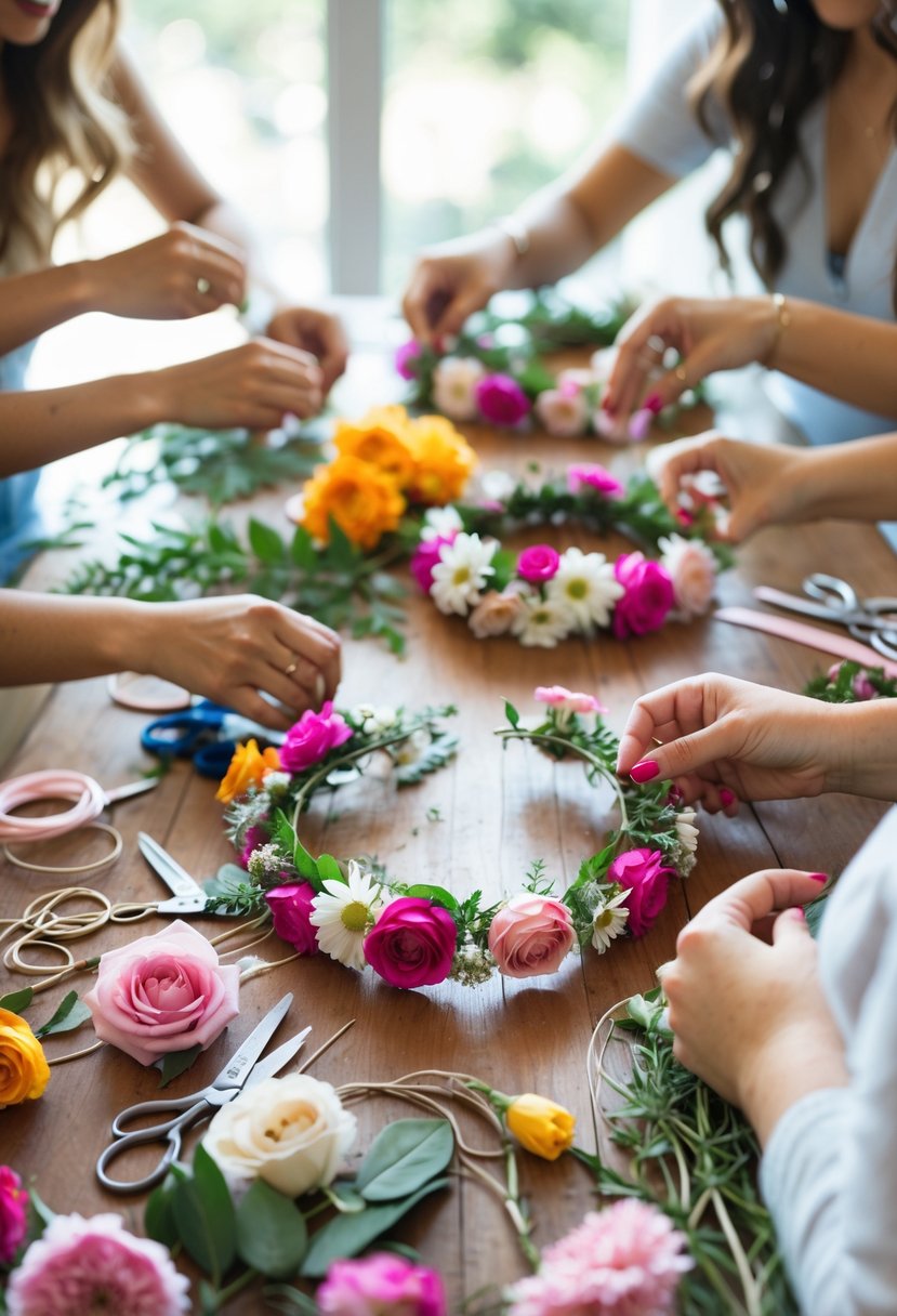 Several women crafting floral crowns with fresh flowers and crafting supplies on a wooden table indoors.