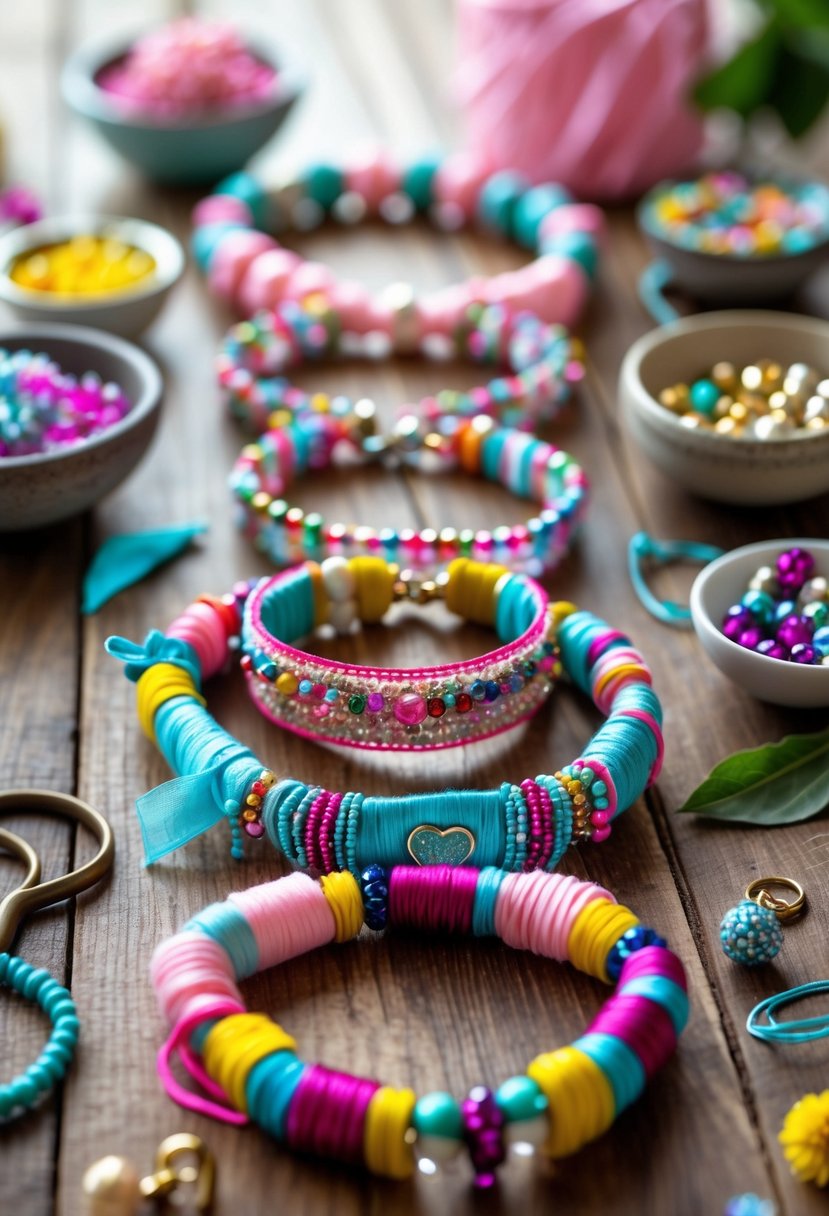 A table displaying handmade bridesmaid bracelets with colorful threads, beads, and crafting supplies arranged around them.