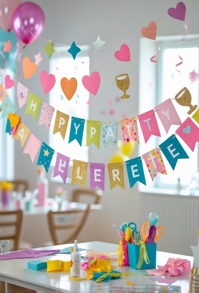 A room decorated with colorful bachelorette party banners and craft supplies on a table, creating a festive atmosphere.
