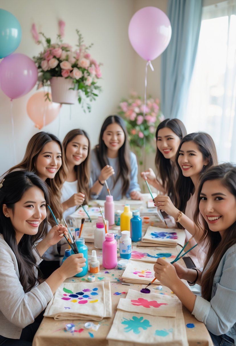 A group of women painting personalized tote bags together at a decorated table during a bachelorette party craft activity.