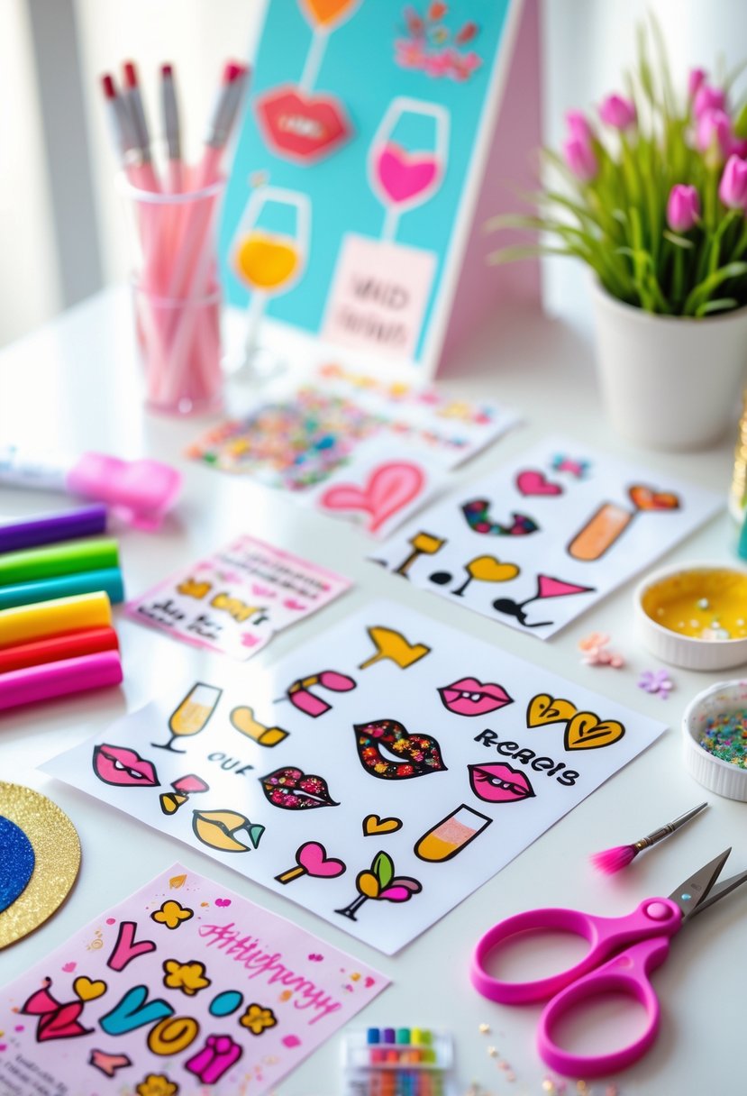 A table with colorful custom temporary tattoos and craft supplies arranged for a bachelorette party activity.