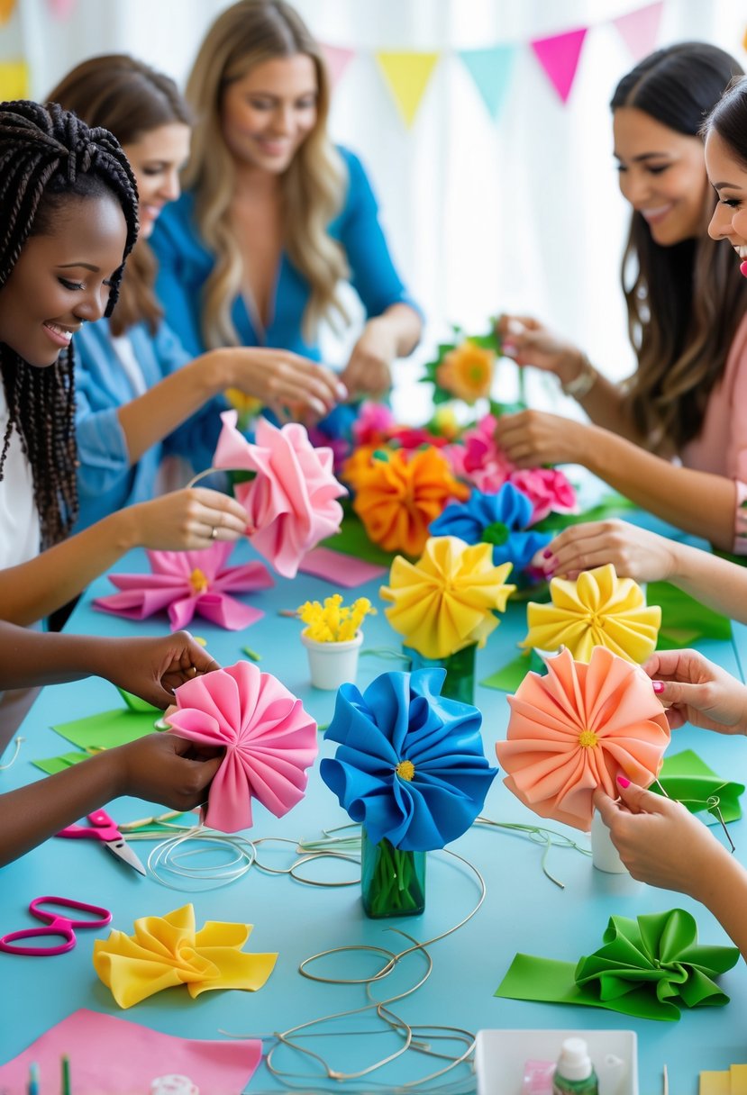 Women making colorful fabric flower bouquets at a craft table with fabric pieces and tools.