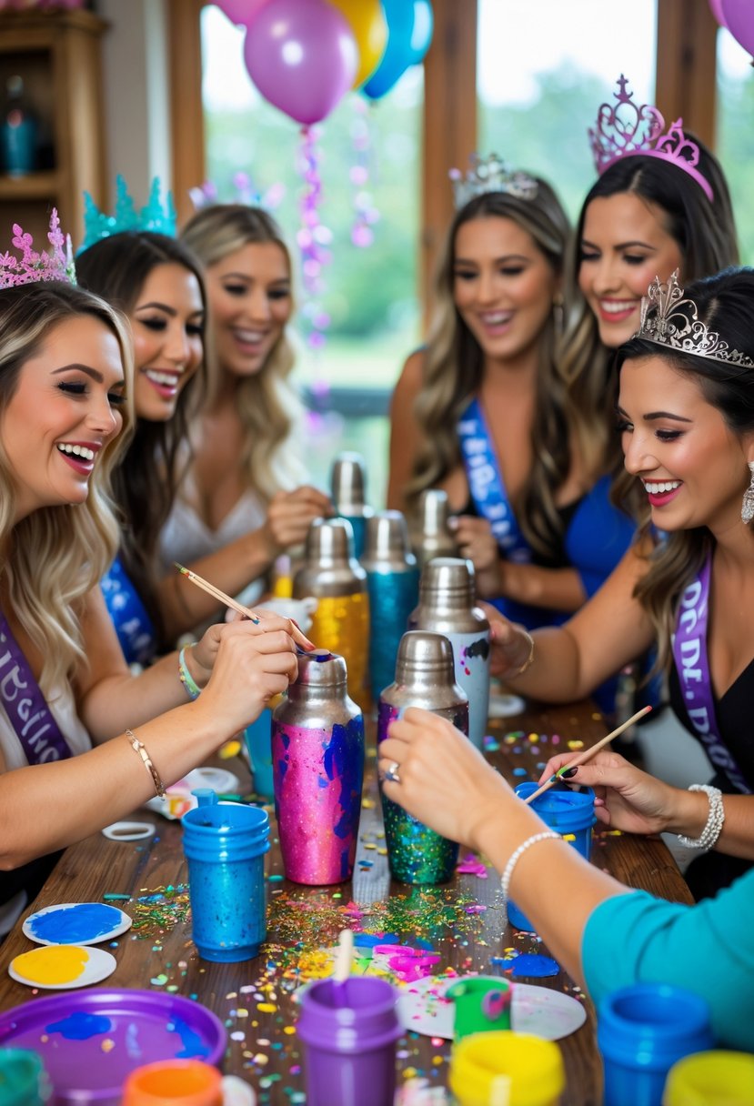 A group of women painting and decorating cocktail shakers together at a bachelorette party craft activity.