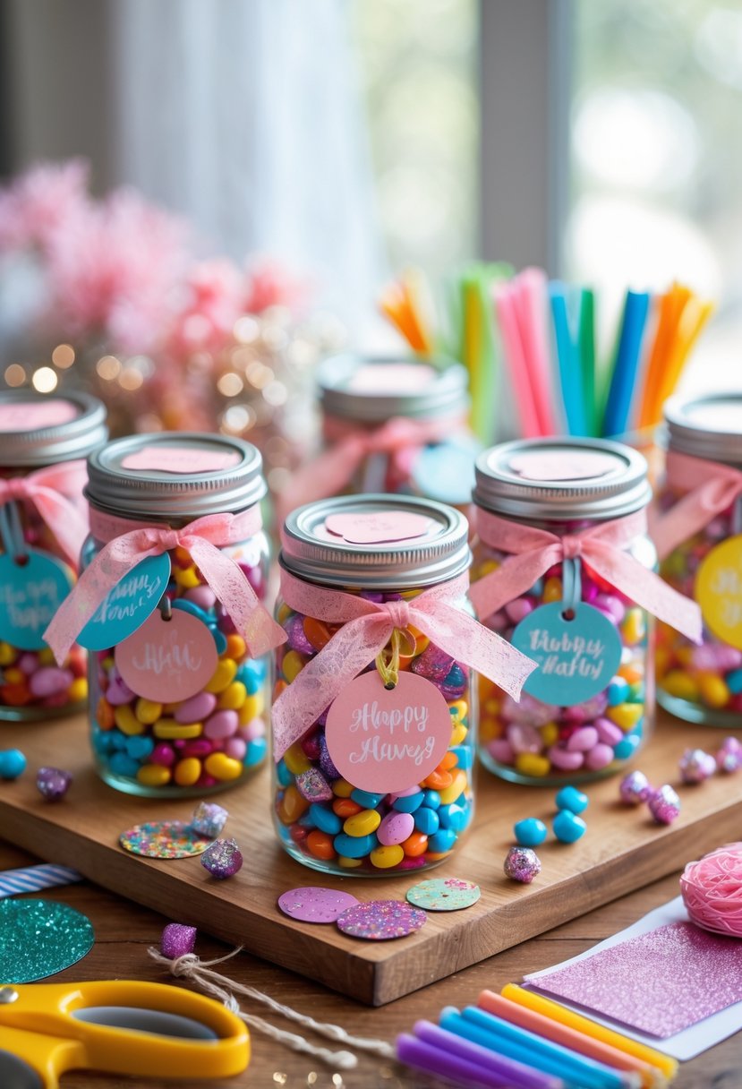 A table with decorated party favor jars and craft supplies for a bachelorette party.
