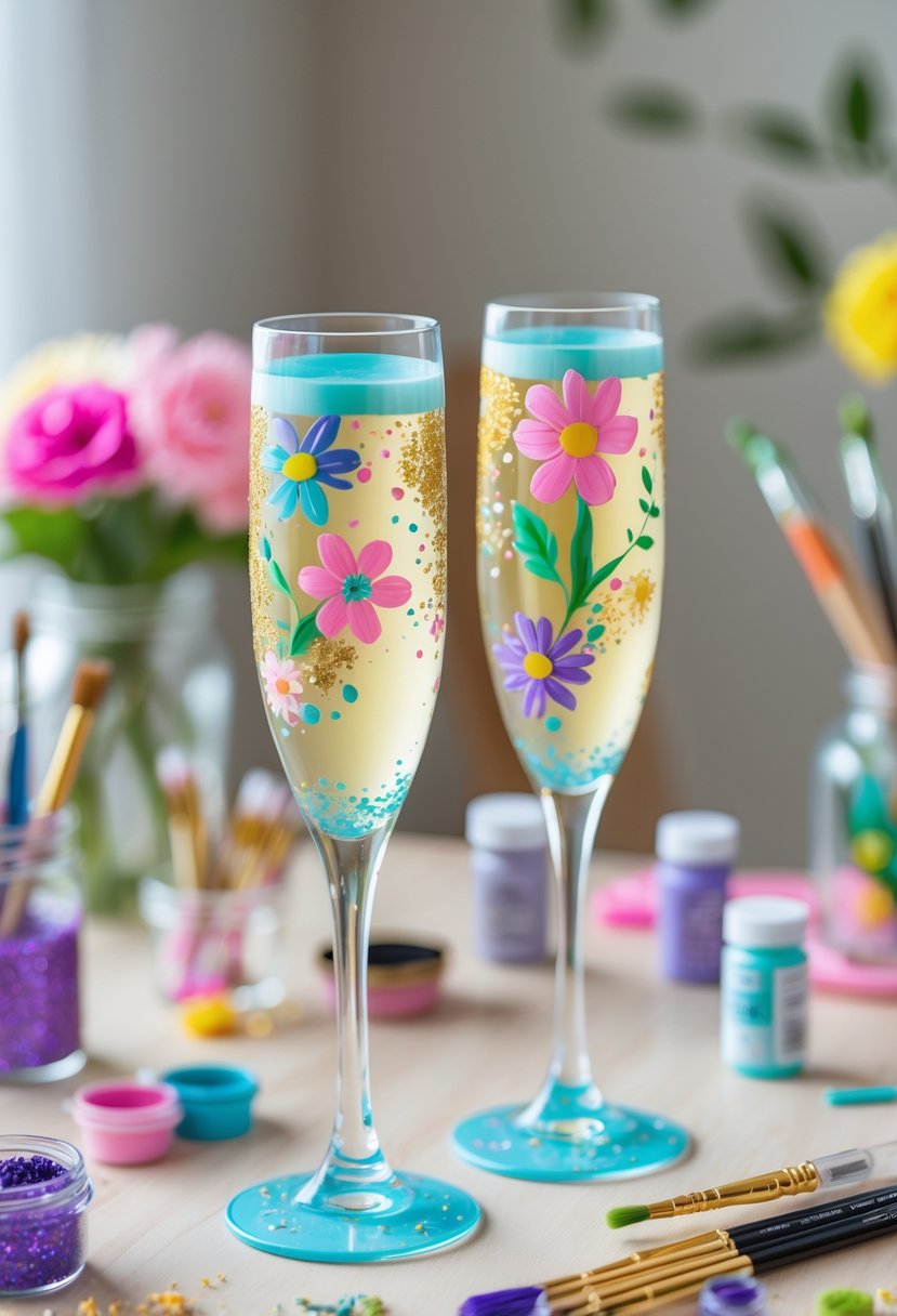 Two hand-painted champagne flutes on a table surrounded by craft supplies like paintbrushes and glitter jars.