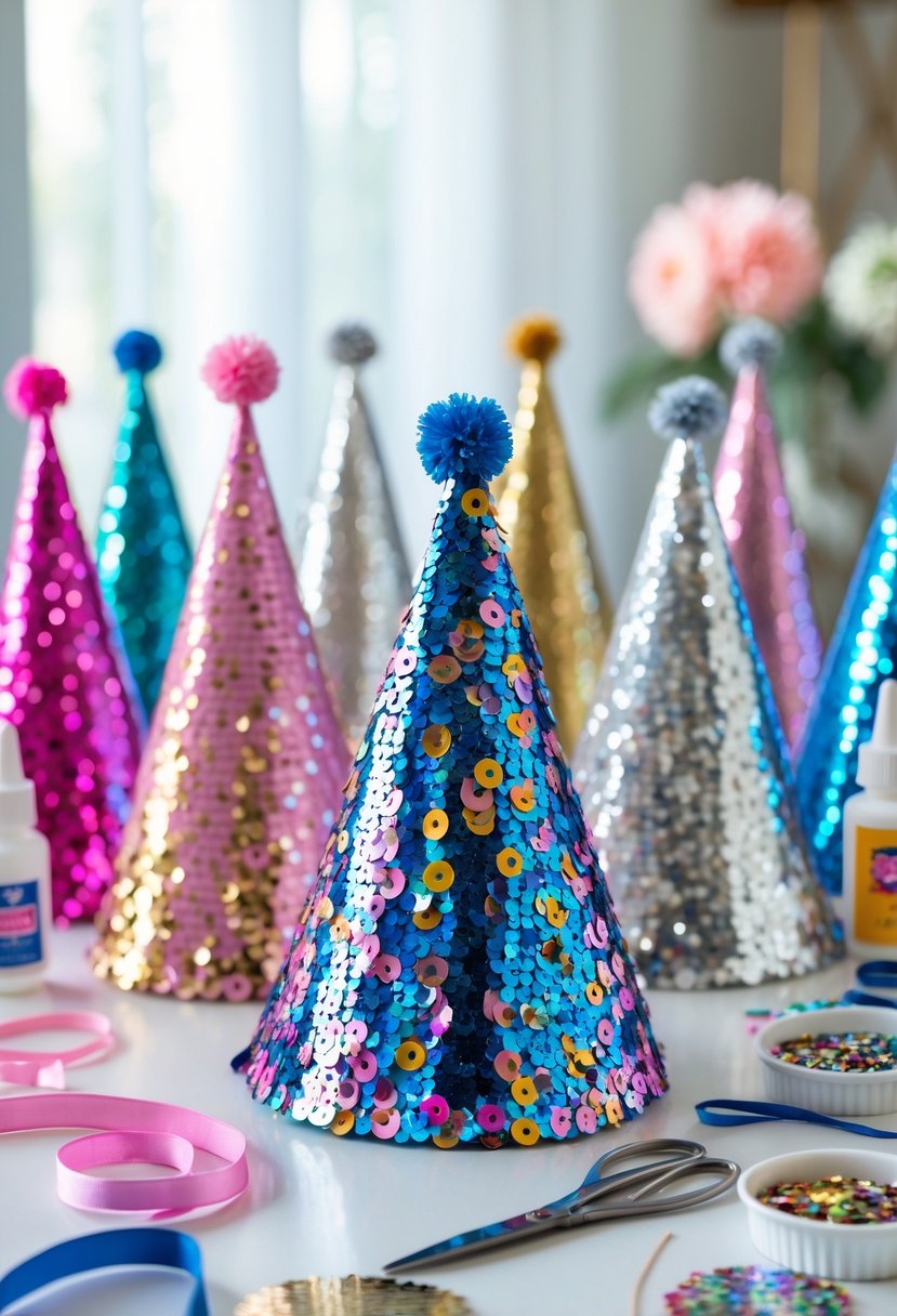 A table with colorful sequin party hats and crafting supplies arranged for a bachelorette party craft activity.