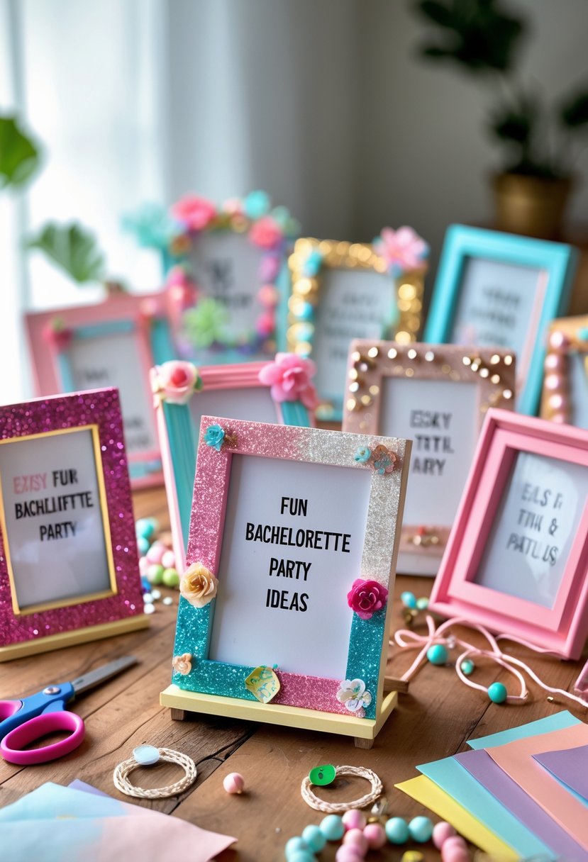 A table with decorated photo frames and crafting supplies arranged for a bachelorette party craft project.
