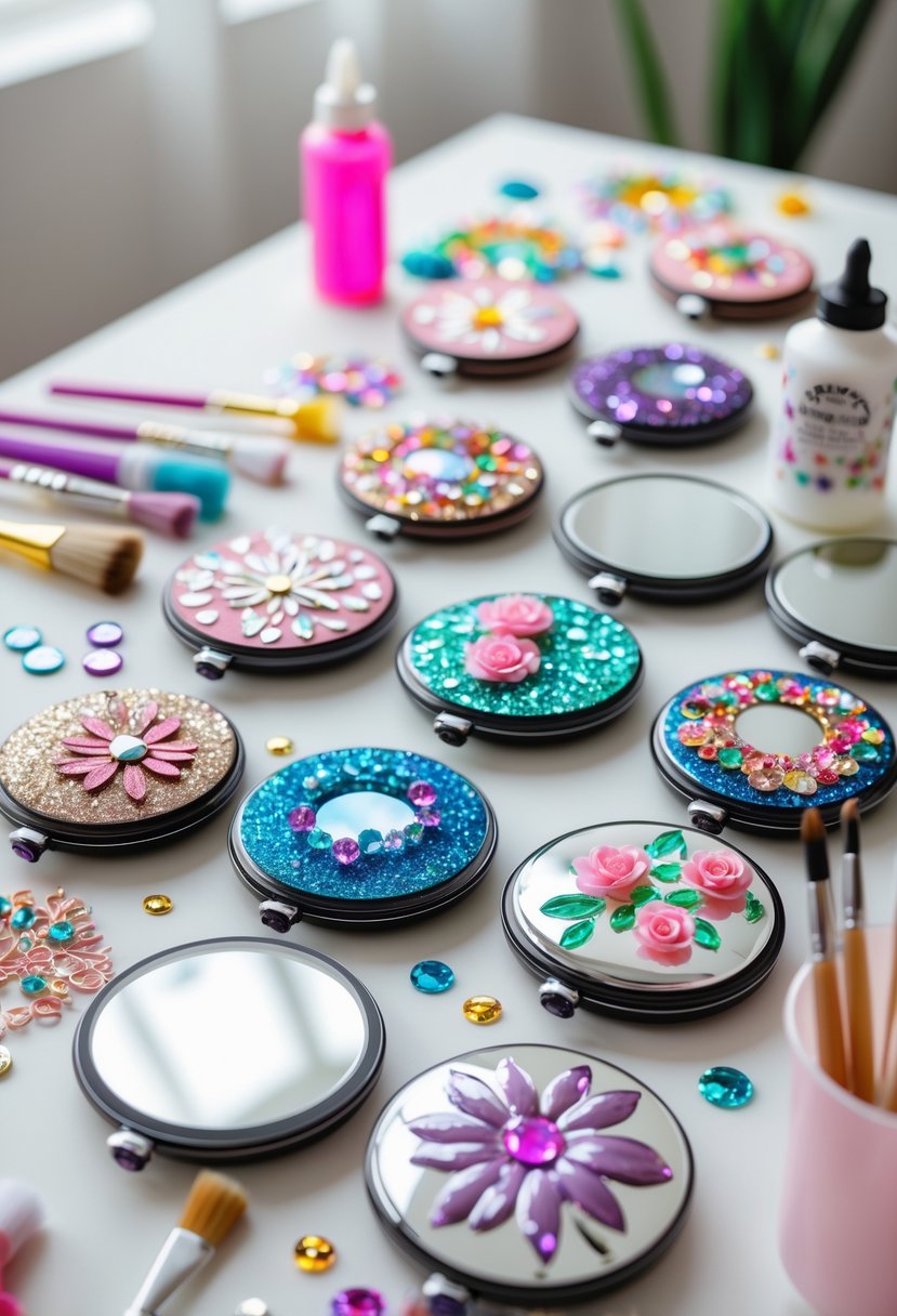 Decorated compact mirrors with craft supplies on a table, showing a fun bachelorette party craft activity.