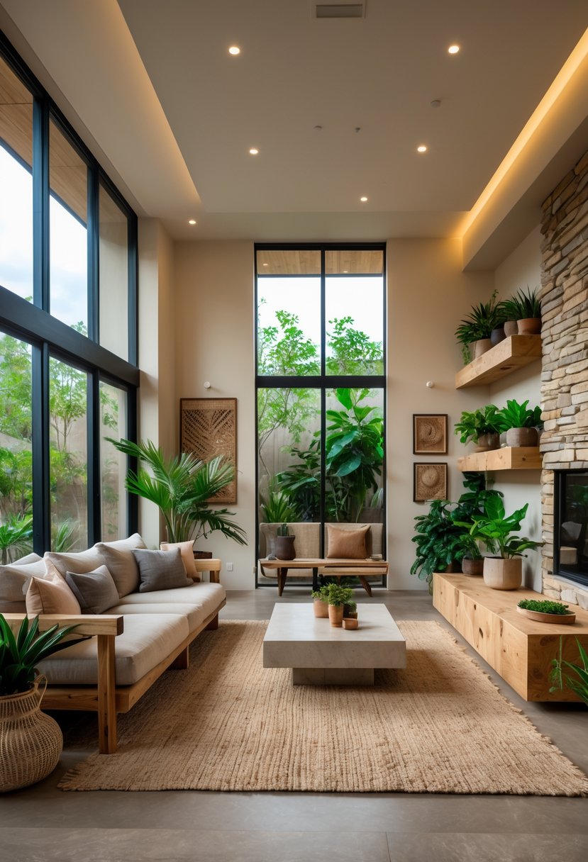 21 Terra Futura Living Room Design Ideas For A Modern And Sustainable Home 2 A bright living room with large windows, a neutral sofa, wooden furniture, indoor plants, and natural decor creating a warm and inviting atmosphere.