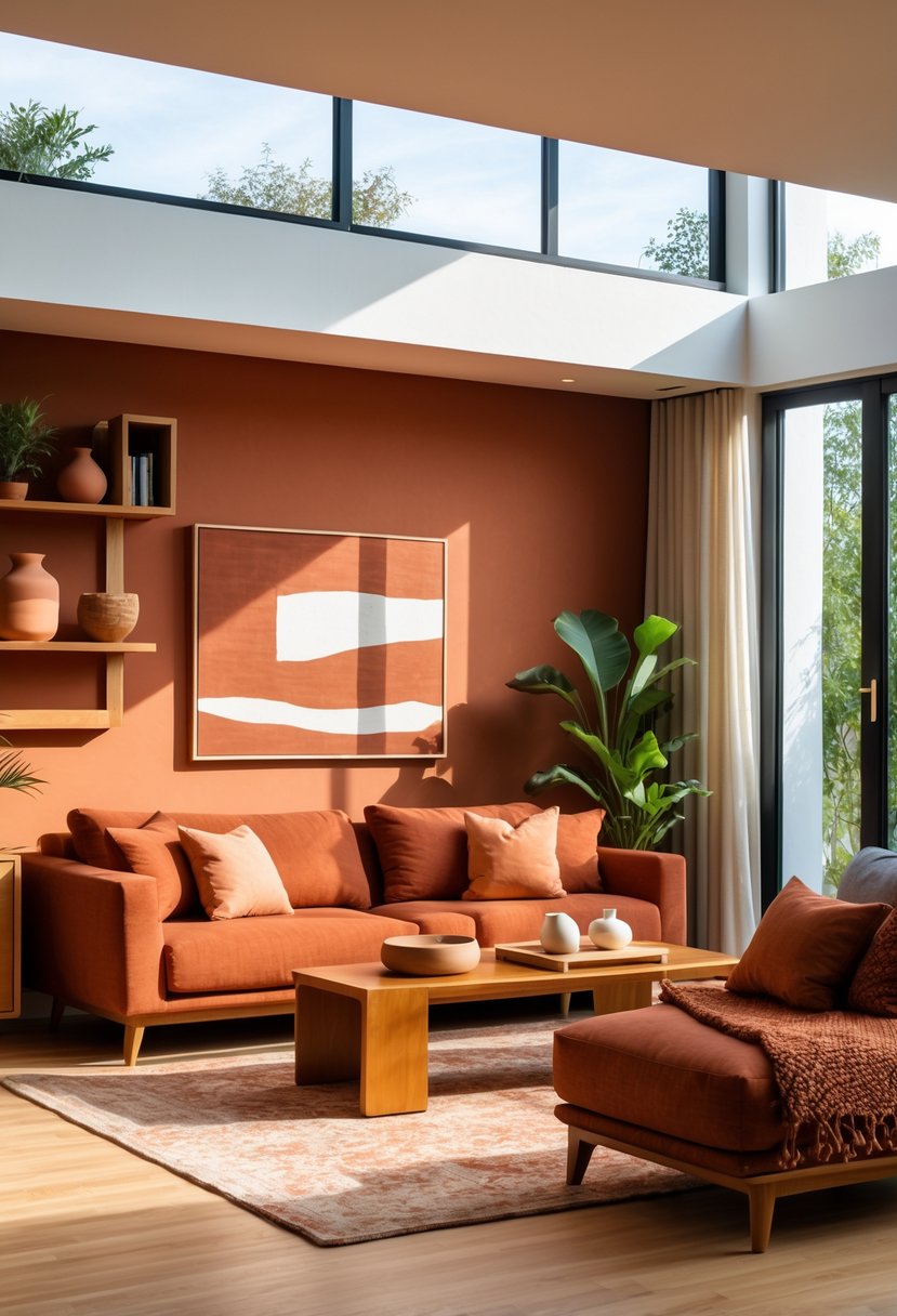 21 Terra Futura Living Room Design Ideas For A Modern And Sustainable Home 3 A warm living room with a rust-colored sofa, terracotta cushions, wooden furniture, and potted plants near large windows.