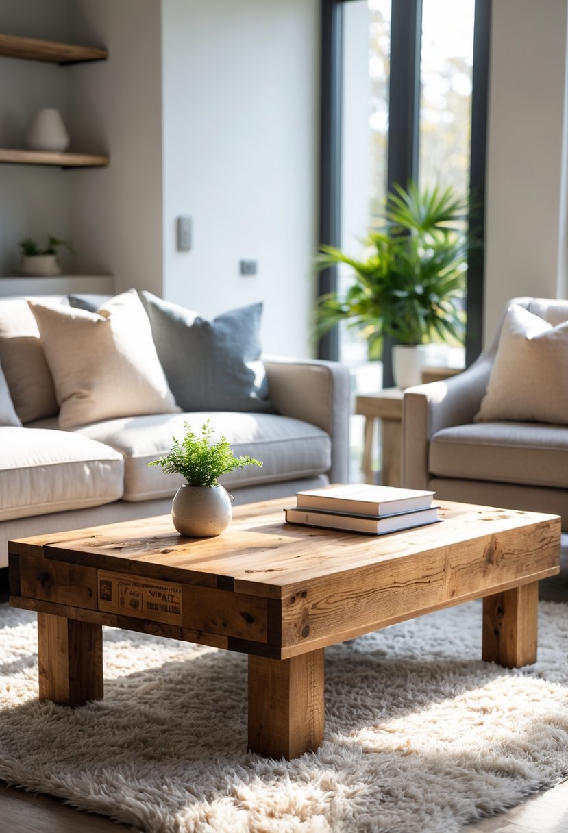 21 Terra Futura Living Room Design Ideas For A Modern And Sustainable Home 4 Living room with a reclaimed wood coffee table surrounded by a sofa and chairs, decorated with plants and books, illuminated by natural light.